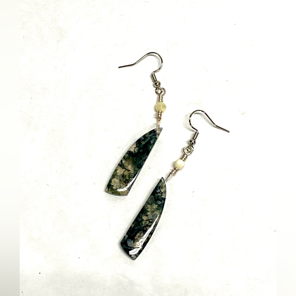 Handcrafted Moss Agate & Mother Of Pearl Hand Wrapped Casual Earrings, Gift Her